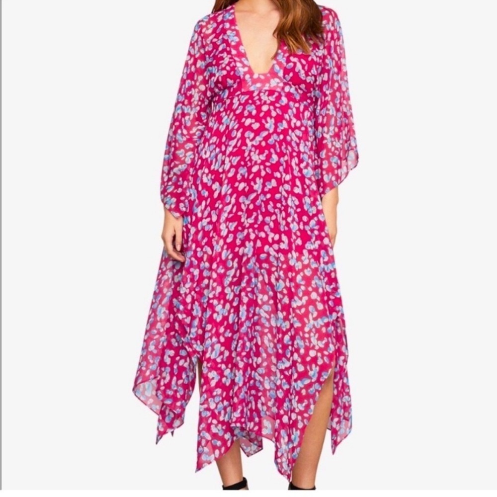 BCBGMaxAzria  Eve Dress 100% Silk  Pink/White Asymmetrical Bishop Sleeves XXS